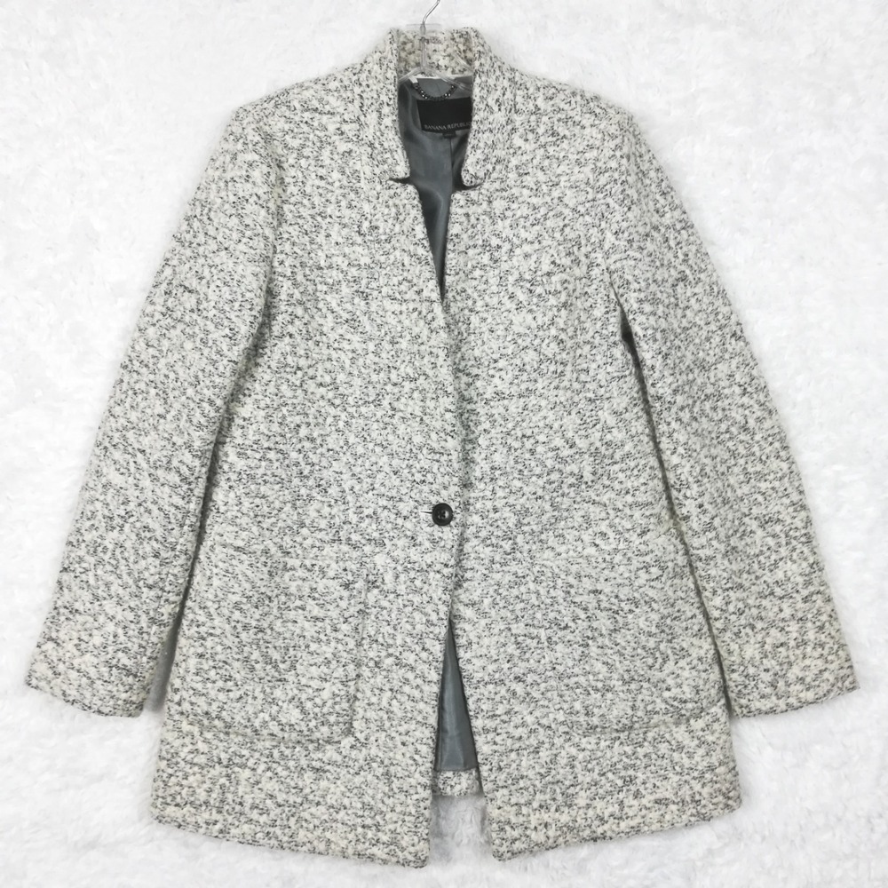 Banana Republic Womens Coat Blazer Notch Lapel Wool Blend White Black Marled M